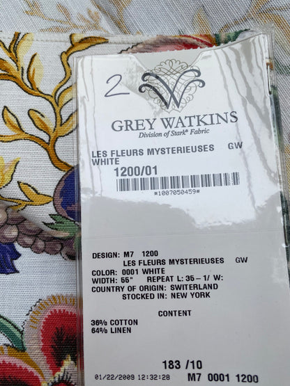 21 Berkbox77 Square Printed Fabrics by Grey Watkins Les Fleurs Mysterieuses Multi Color on White Floral Cotton Linen MSRP USD 784/Y