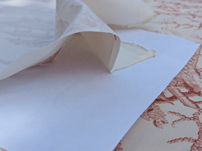 Scalamandre  Pillement in Coral Chinoiserie Toile Print Cotton Pink Red White Landscape Pagoda Jean-Baptiste Pillement MSRP USD 300+/y