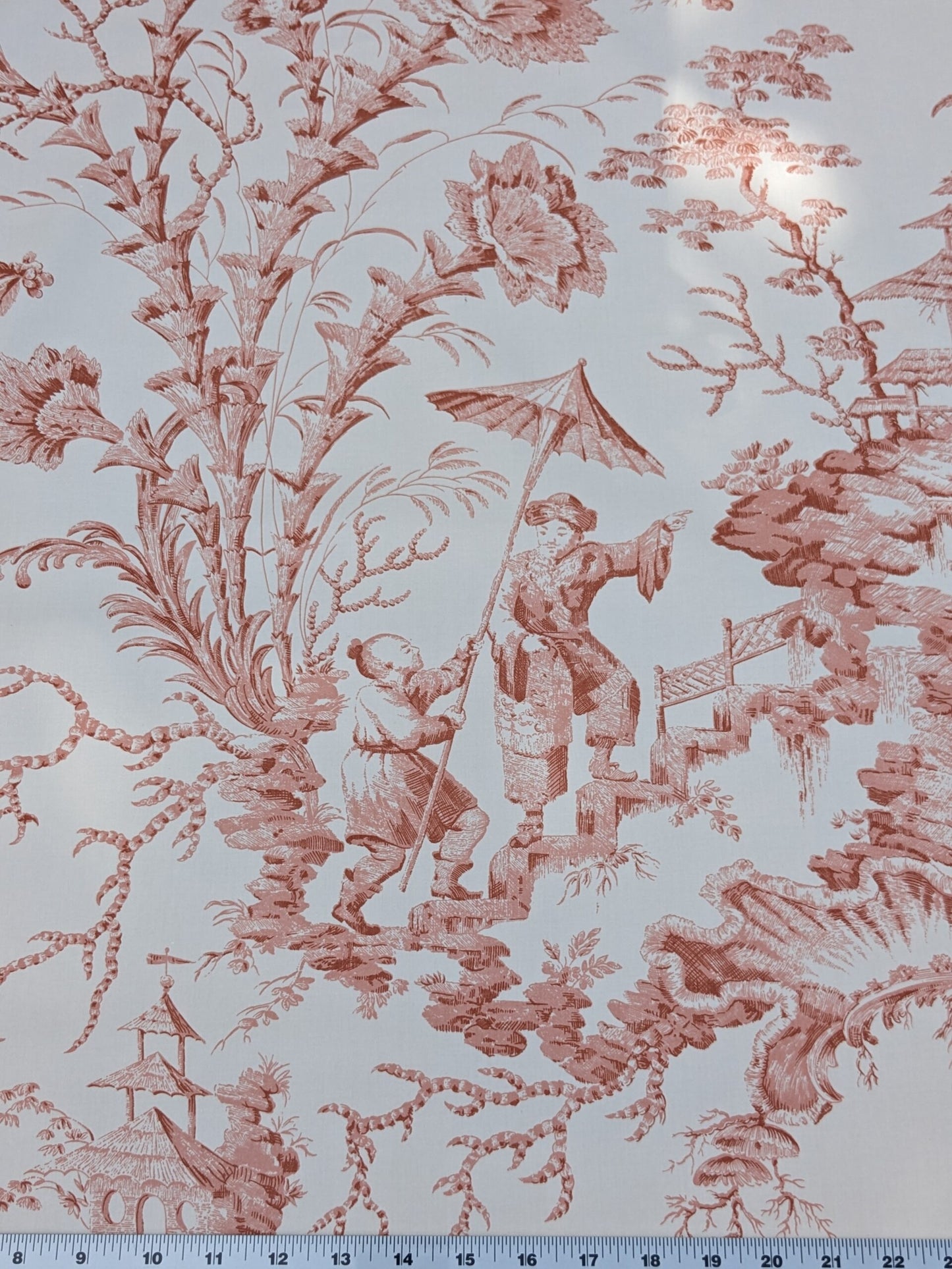 Scalamandre  Pillement in Coral Chinoiserie Toile Print Cotton Pink Red White Landscape Pagoda Jean-Baptiste Pillement MSRP USD 300+/y