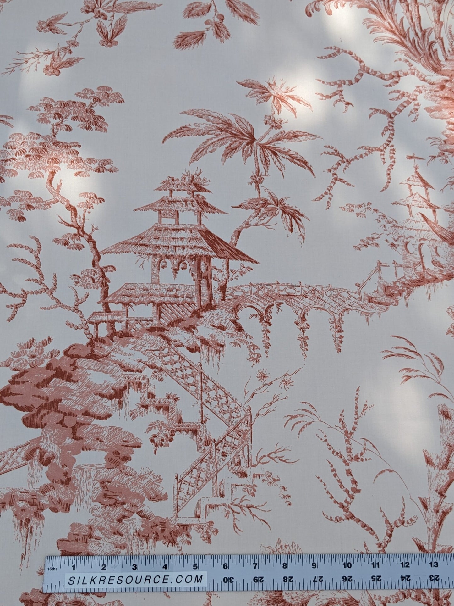 Scalamandre  Pillement in Coral Chinoiserie Toile Print Cotton Pink Red White Landscape Pagoda Jean-Baptiste Pillement MSRP USD 300+/y