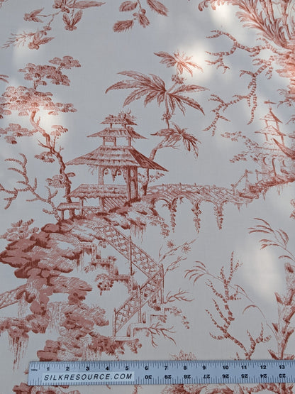 Scalamandre  Pillement in Coral Chinoiserie Toile Print Cotton Pink Red White Landscape Pagoda Jean-Baptiste Pillement MSRP USD 300+/y