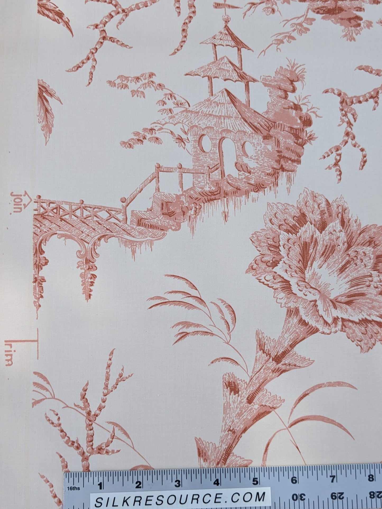 Scalamandre  Pillement in Coral Chinoiserie Toile Print Cotton Pink Red White Landscape Pagoda Jean-Baptiste Pillement MSRP USD 300+/y