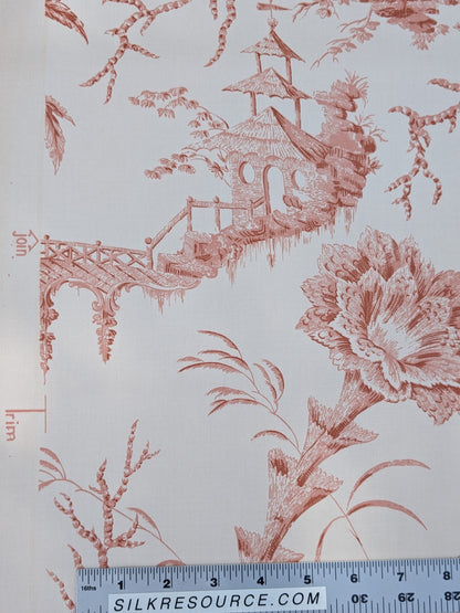 Scalamandre  Pillement in Coral Chinoiserie Toile Print Cotton Pink Red White Landscape Pagoda Jean-Baptiste Pillement MSRP USD 300+/y