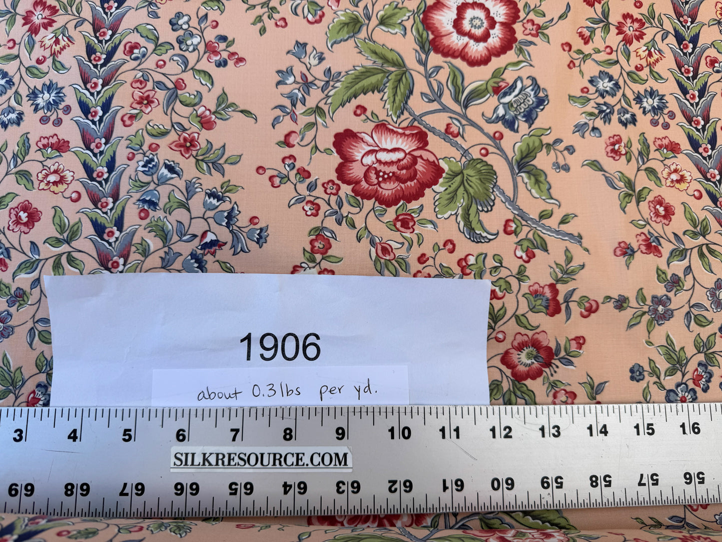 Clarence House Le Chantily Floral Garland Hand Print Chintz Green Red Blue on Peach Pink Cotton Print - By The Yard