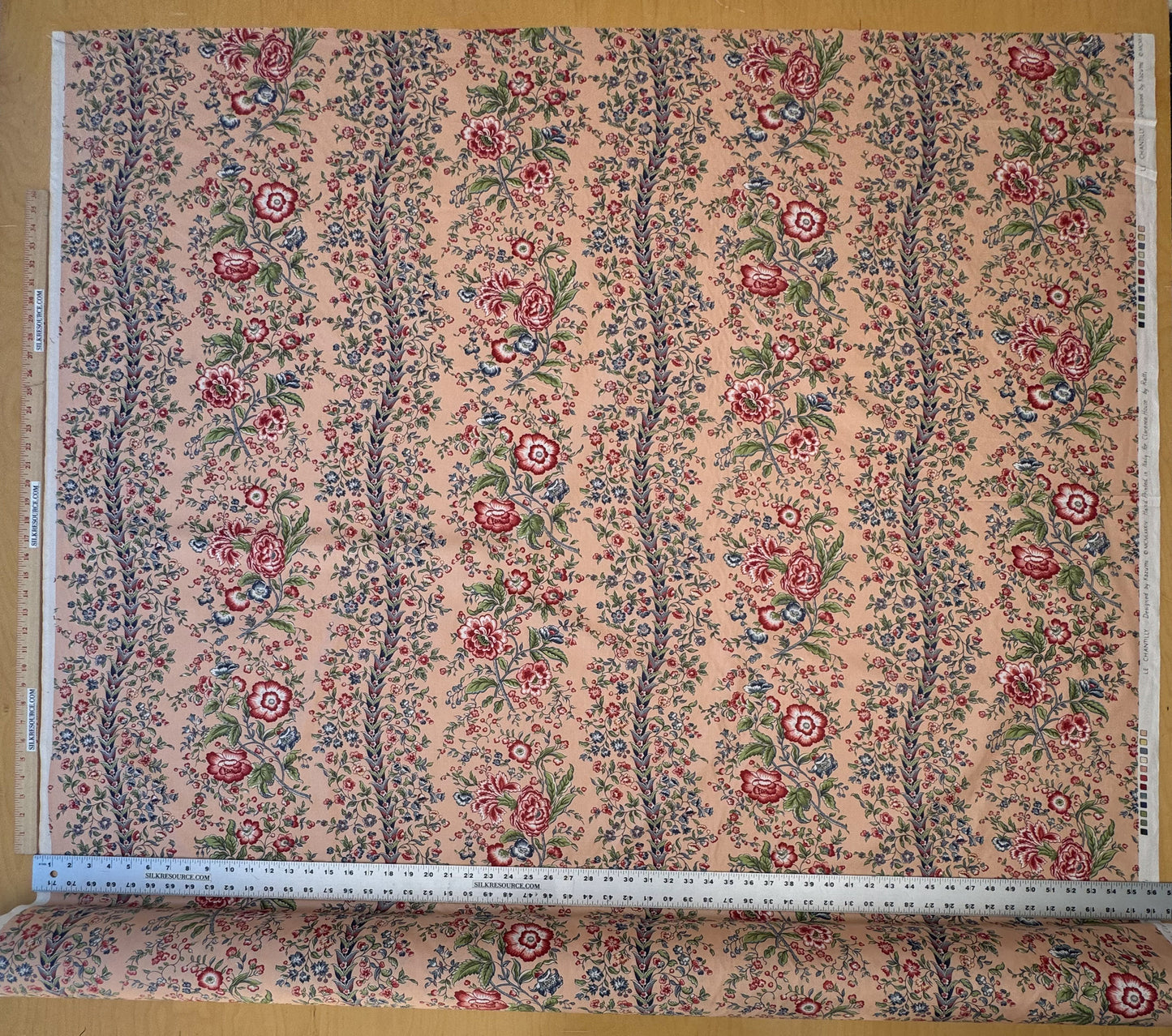 Clarence House Le Chantily Floral Garland Hand Print Chintz Green Red Blue on Peach Pink Cotton Print - By The Yard