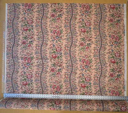 Clarence House Le Chantily Floral Garland Hand Print Chintz Green Red Blue on Peach Pink Cotton Print - By The Yard