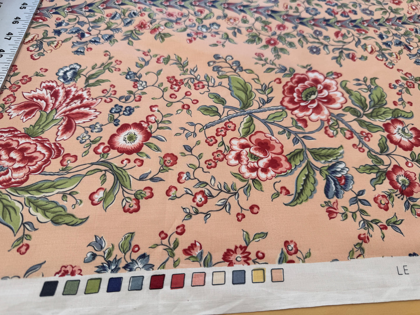 Clarence House Le Chantily Floral Garland Hand Print Chintz Green Red Blue on Peach Pink Cotton Print - By The Yard