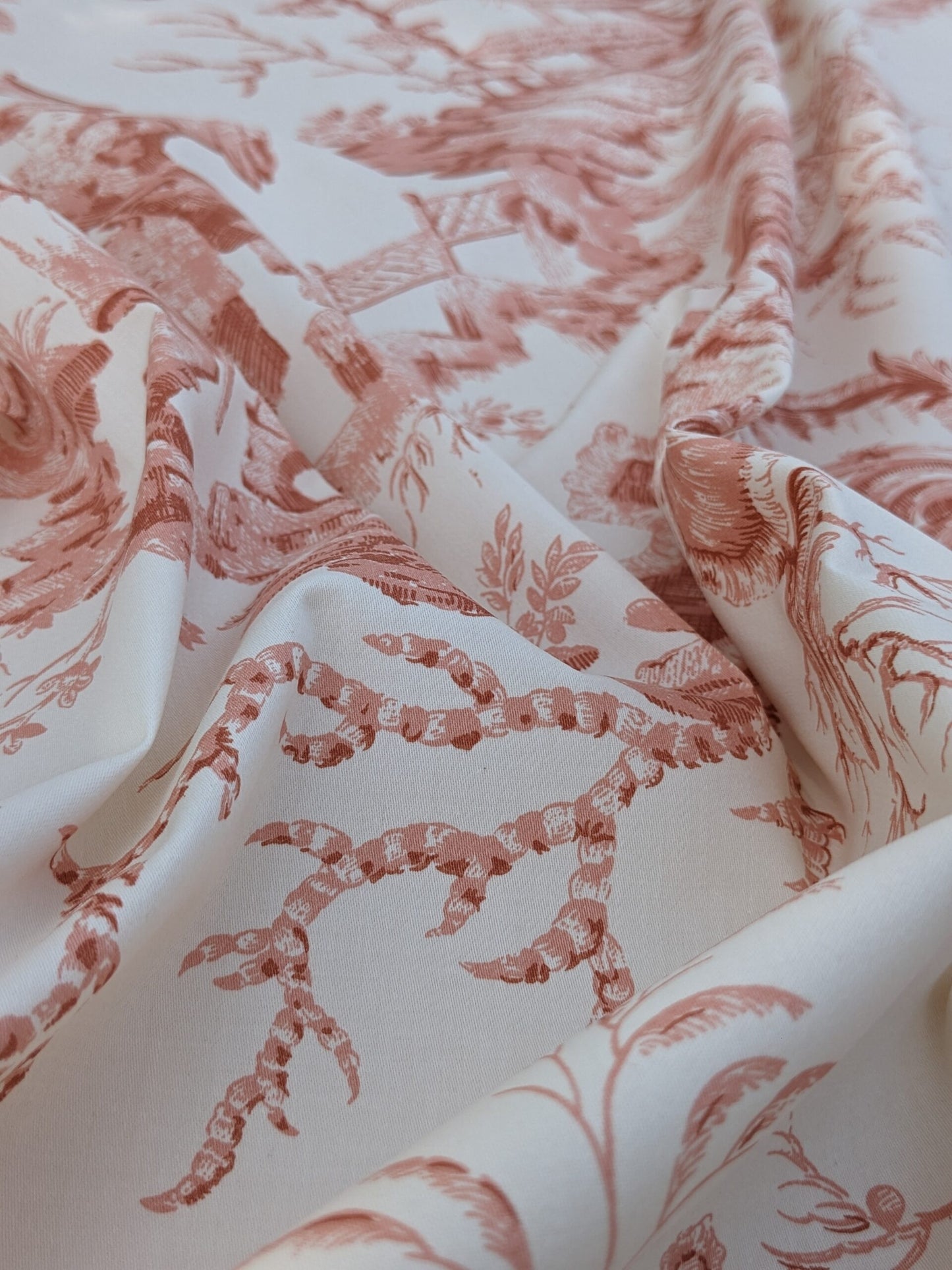 Scalamandre  Pillement in Coral Chinoiserie Toile Print Cotton Pink Red White Landscape Pagoda Jean-Baptiste Pillement MSRP USD 300+/y