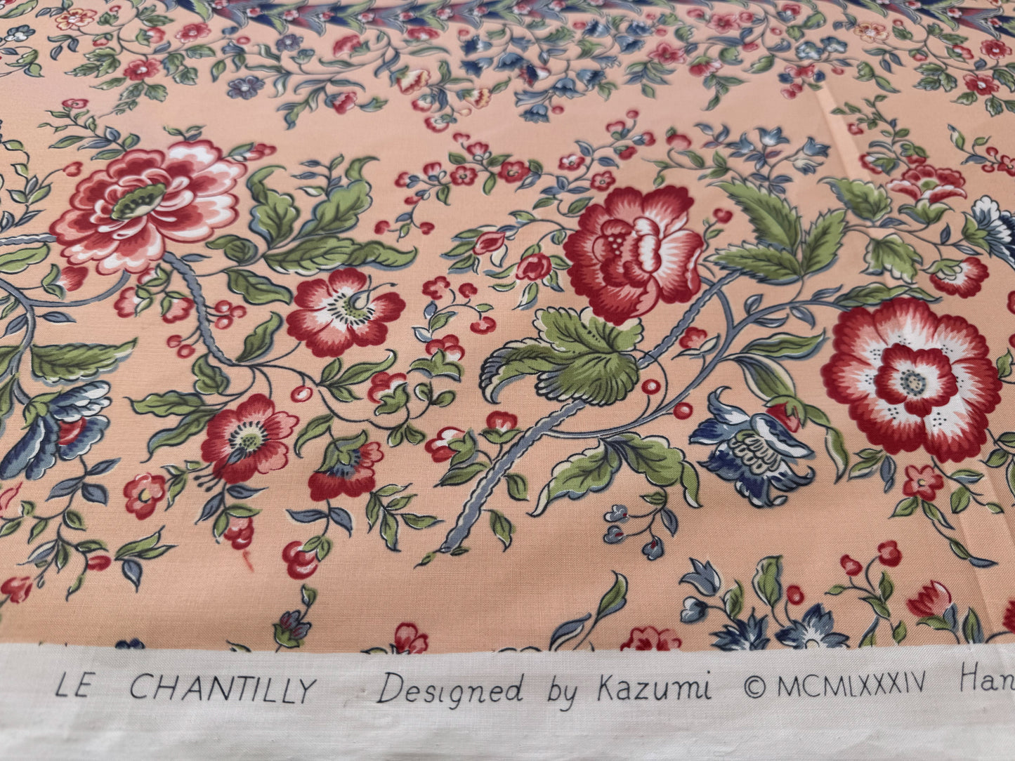 Clarence House Le Chantily Floral Garland Hand Print Chintz Green Red Blue on Peach Pink Cotton Print - By The Yard