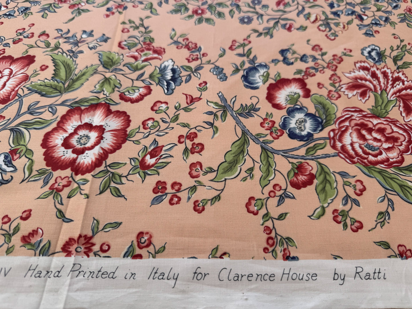 Clarence House Le Chantily Floral Garland Hand Print Chintz Green Red Blue on Peach Pink Cotton Print - By The Yard