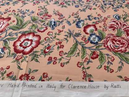 Clarence House Le Chantily Floral Garland Hand Print Chintz Green Red Blue on Peach Pink Cotton Print - By The Yard