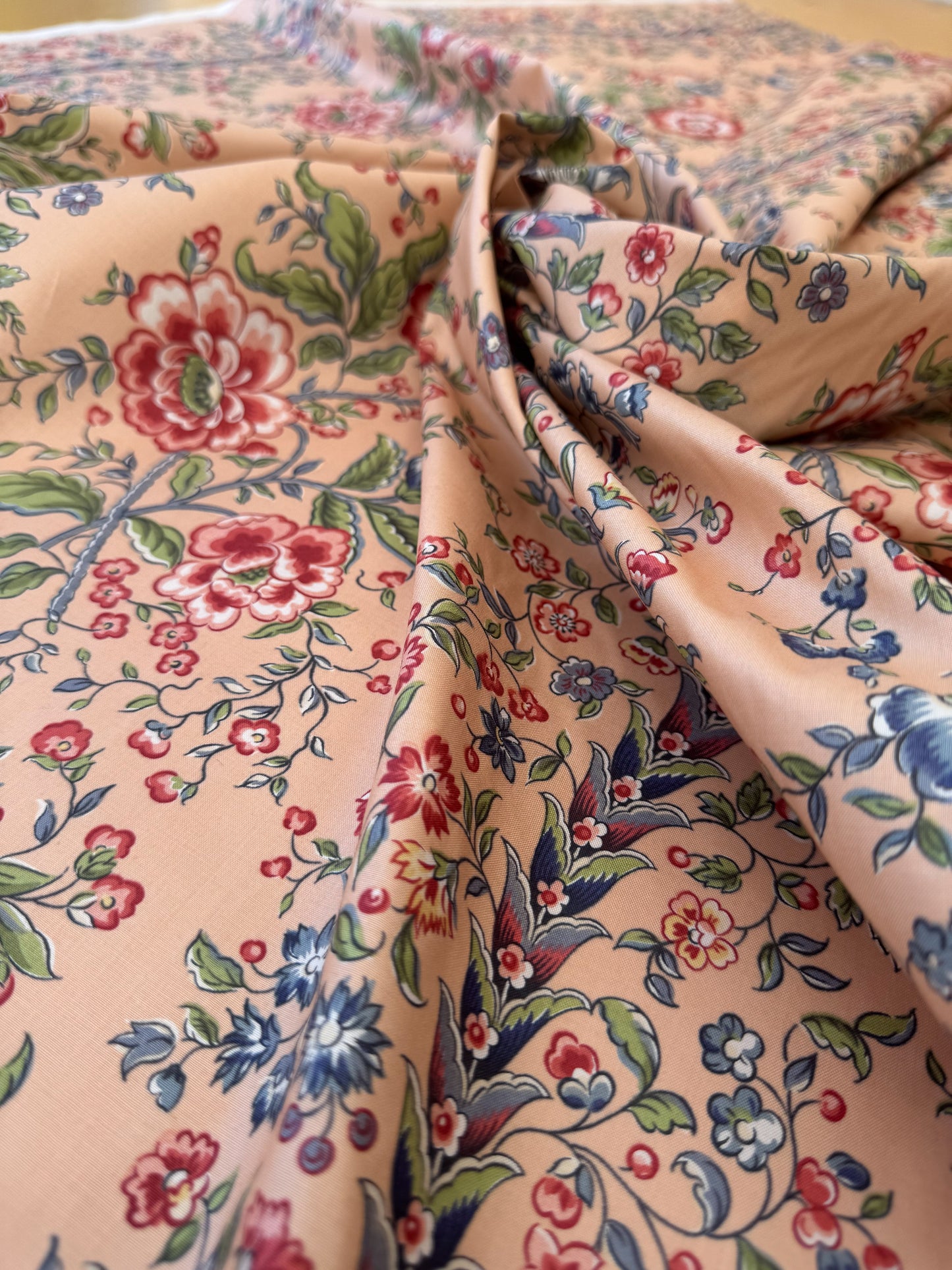 Clarence House Le Chantily Floral Garland Hand Print Chintz Green Red Blue on Peach Pink Cotton Print - By The Yard