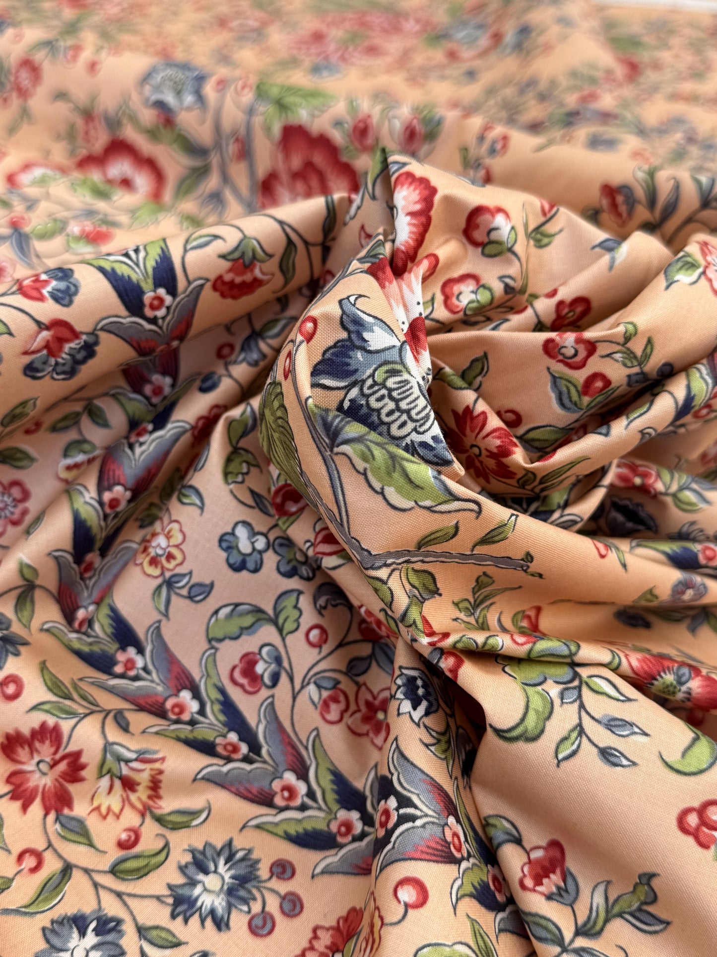 Clarence House Le Chantily Floral Garland Hand Print Chintz Green Red Blue on Peach Pink Cotton Print - By The Yard