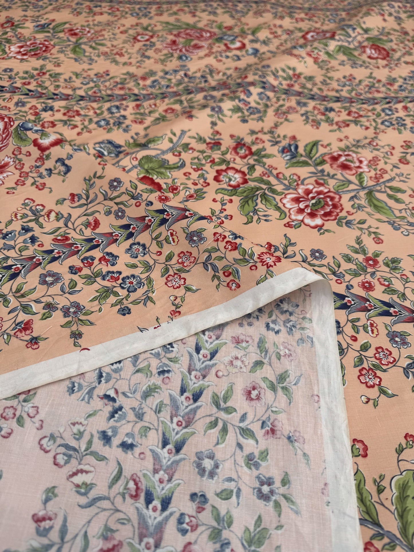 Clarence House Le Chantily Floral Garland Hand Print Chintz Green Red Blue on Peach Pink Cotton Print - By The Yard