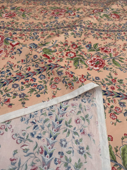 Clarence House Le Chantily Floral Garland Hand Print Chintz Green Red Blue on Peach Pink Cotton Print - By The Yard