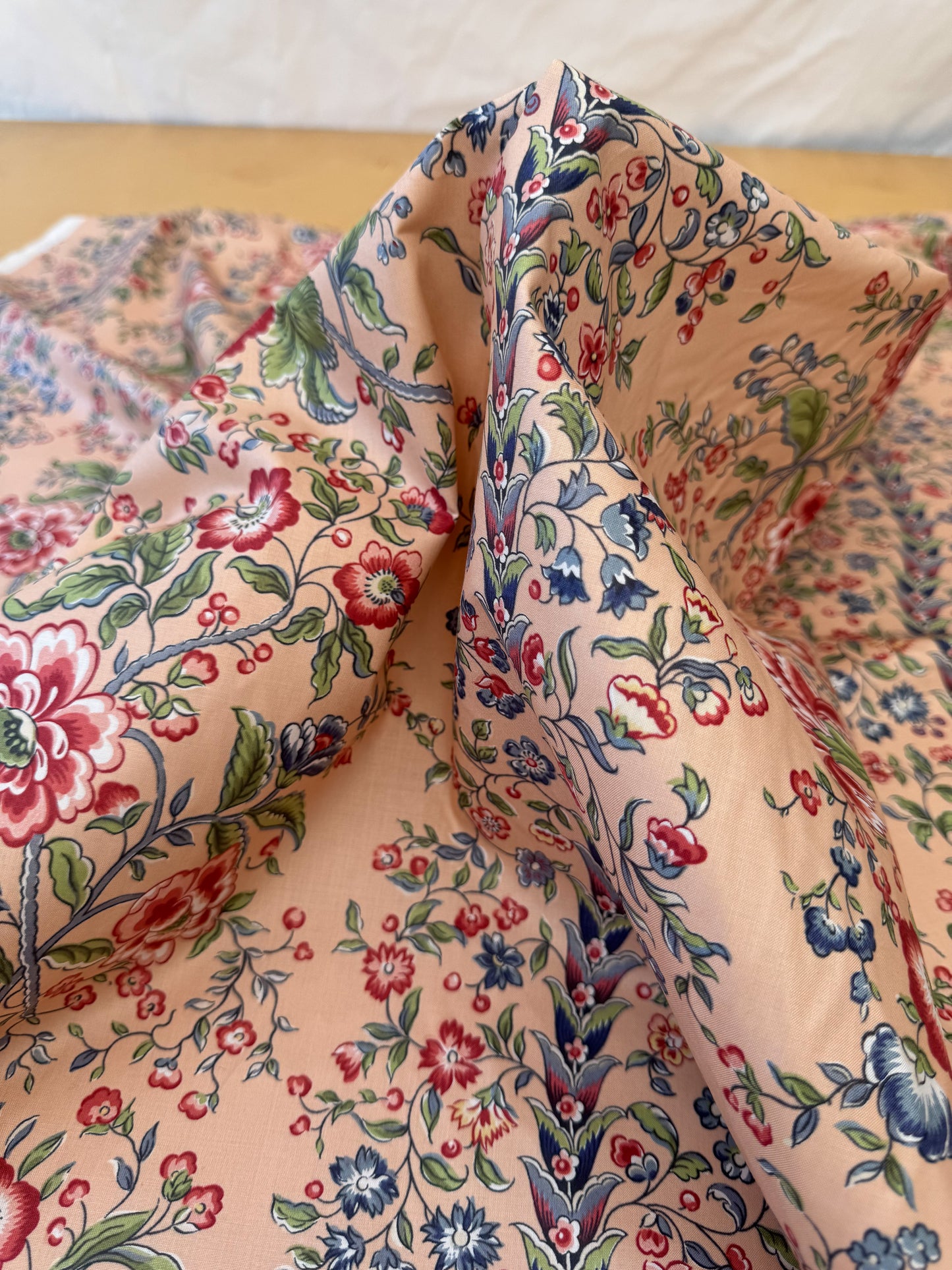 Clarence House Le Chantily Floral Garland Hand Print Chintz Green Red Blue on Peach Pink Cotton Print - By The Yard