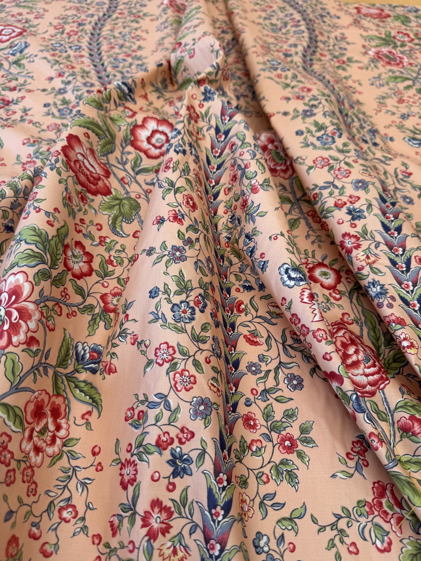 Clarence House Le Chantily Floral Garland Hand Print Chintz Green Red Blue on Peach Pink Cotton Print - By The Yard