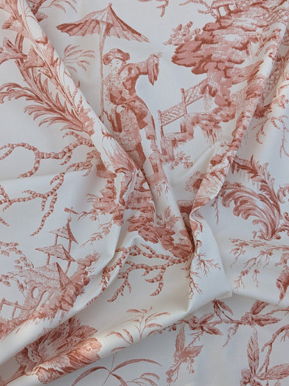 Scalamandre  Pillement in Coral Chinoiserie Toile Print Cotton Pink Red White Landscape Pagoda Jean-Baptiste Pillement MSRP USD 300+/y