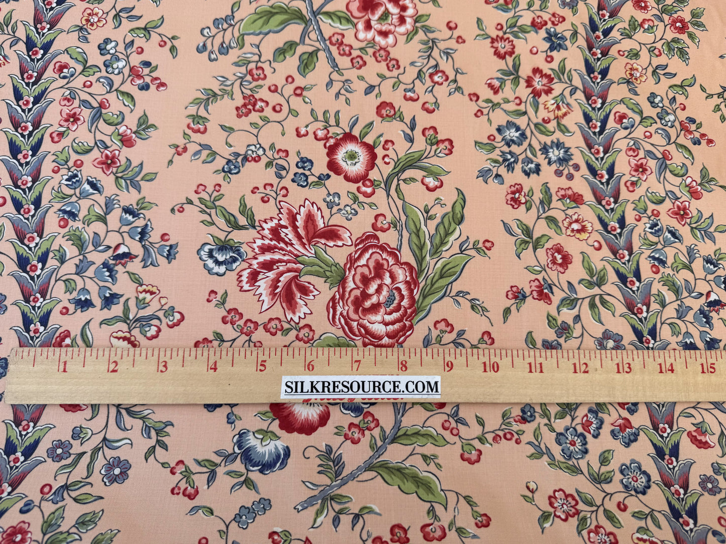 Clarence House Le Chantily Floral Garland Hand Print Chintz Green Red Blue on Peach Pink Cotton Print - By The Yard
