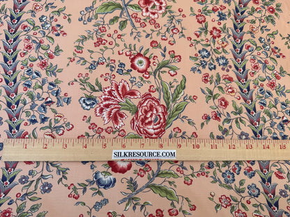 Clarence House Le Chantily Floral Garland Hand Print Chintz Green Red Blue on Peach Pink Cotton Print - By The Yard