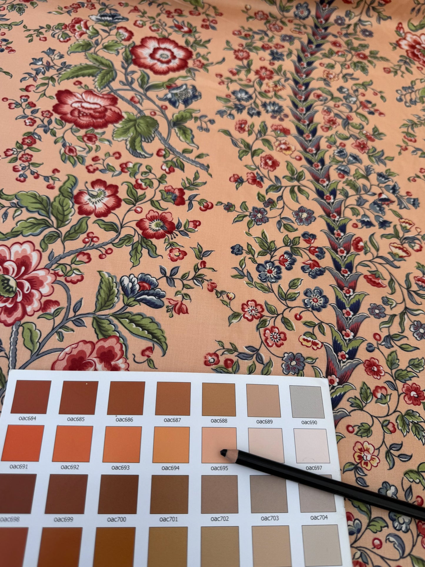 Clarence House Le Chantily Floral Garland Hand Print Chintz Green Red Blue on Peach Pink Cotton Print - By The Yard