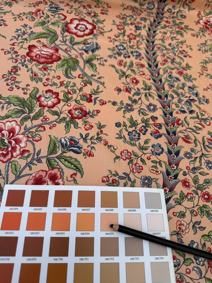 Clarence House Le Chantily Floral Garland Hand Print Chintz Green Red Blue on Peach Pink Cotton Print - By The Yard
