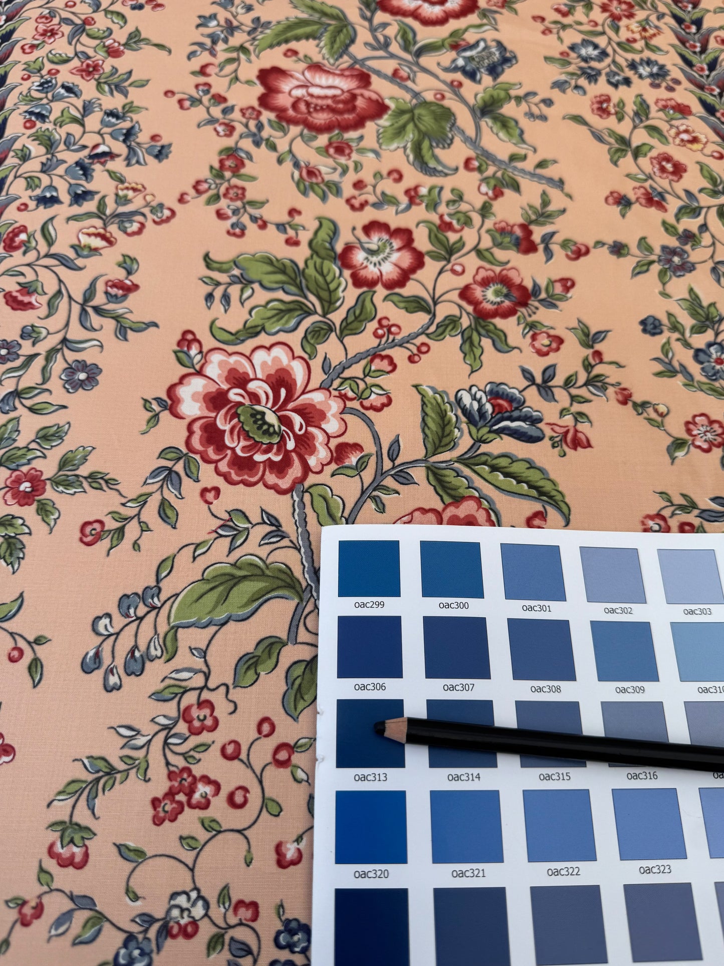 Clarence House Le Chantily Floral Garland Hand Print Chintz Green Red Blue on Peach Pink Cotton Print - By The Yard