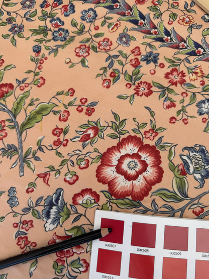 Clarence House Le Chantily Floral Garland Hand Print Chintz Green Red Blue on Peach Pink Cotton Print - By The Yard
