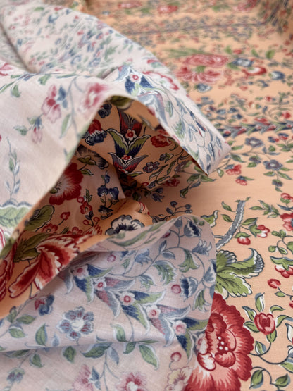 Clarence House Le Chantily Floral Garland Hand Print Chintz Green Red Blue on Peach Pink Cotton Print - By The Yard