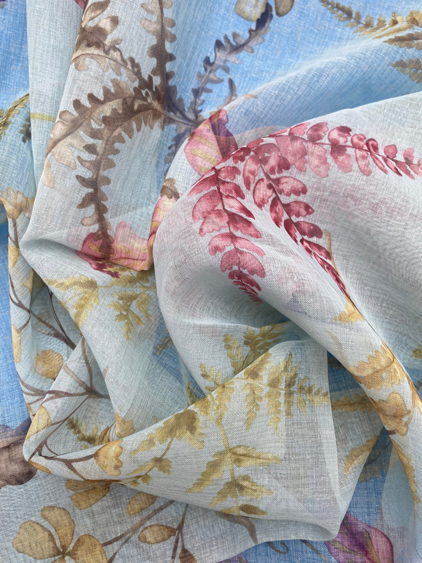 33 Berkbox77 Square Printed Fabrics by Old World Weavers Woodbury Sheer Aqua Berry Blue Gray Floral Print  Sheer MSRP USD 100/