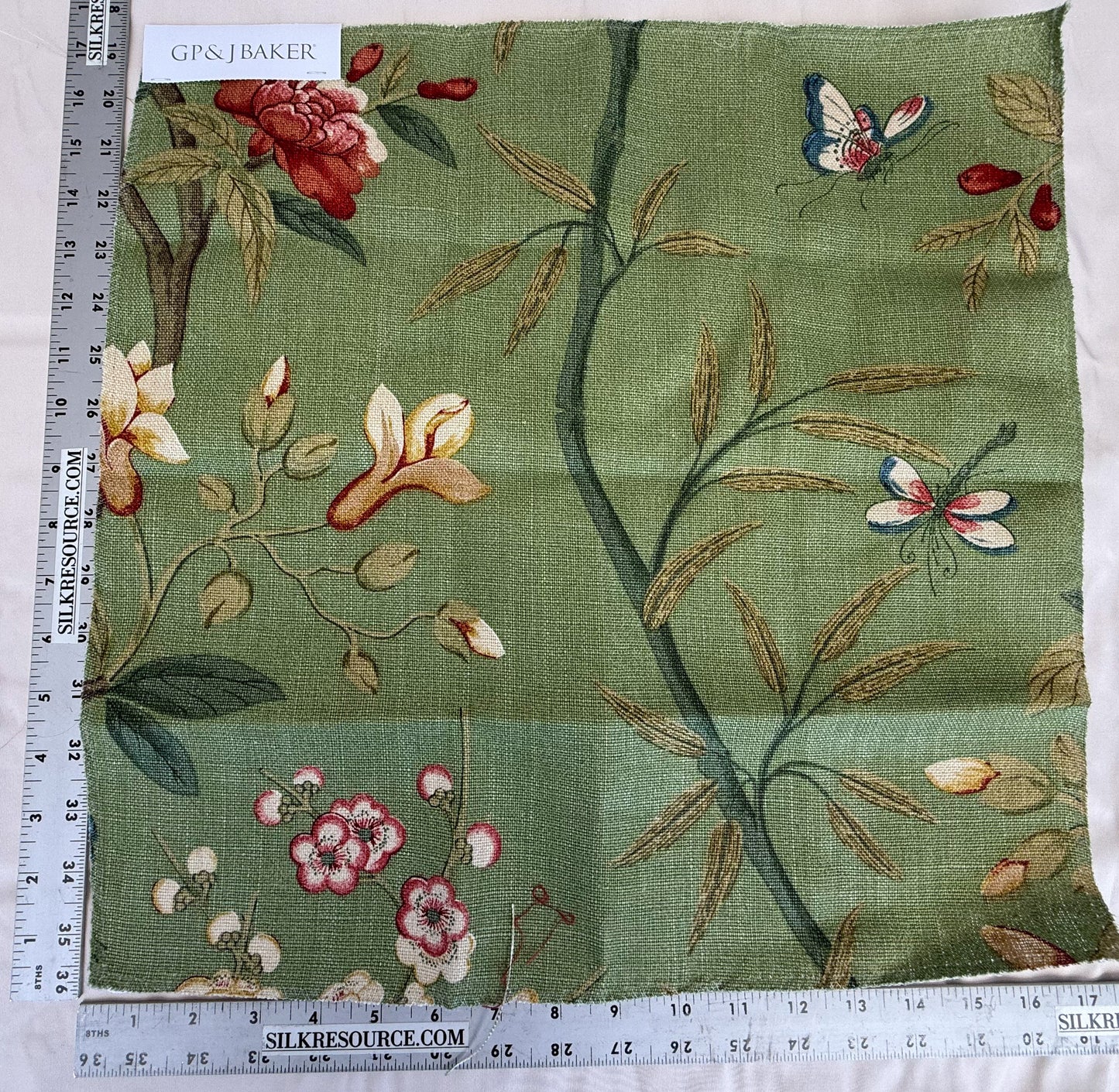 Gp & J Baker Lee Jofa Linen Peony & Blossom Leaf Green Red MSRP USD 330/yard