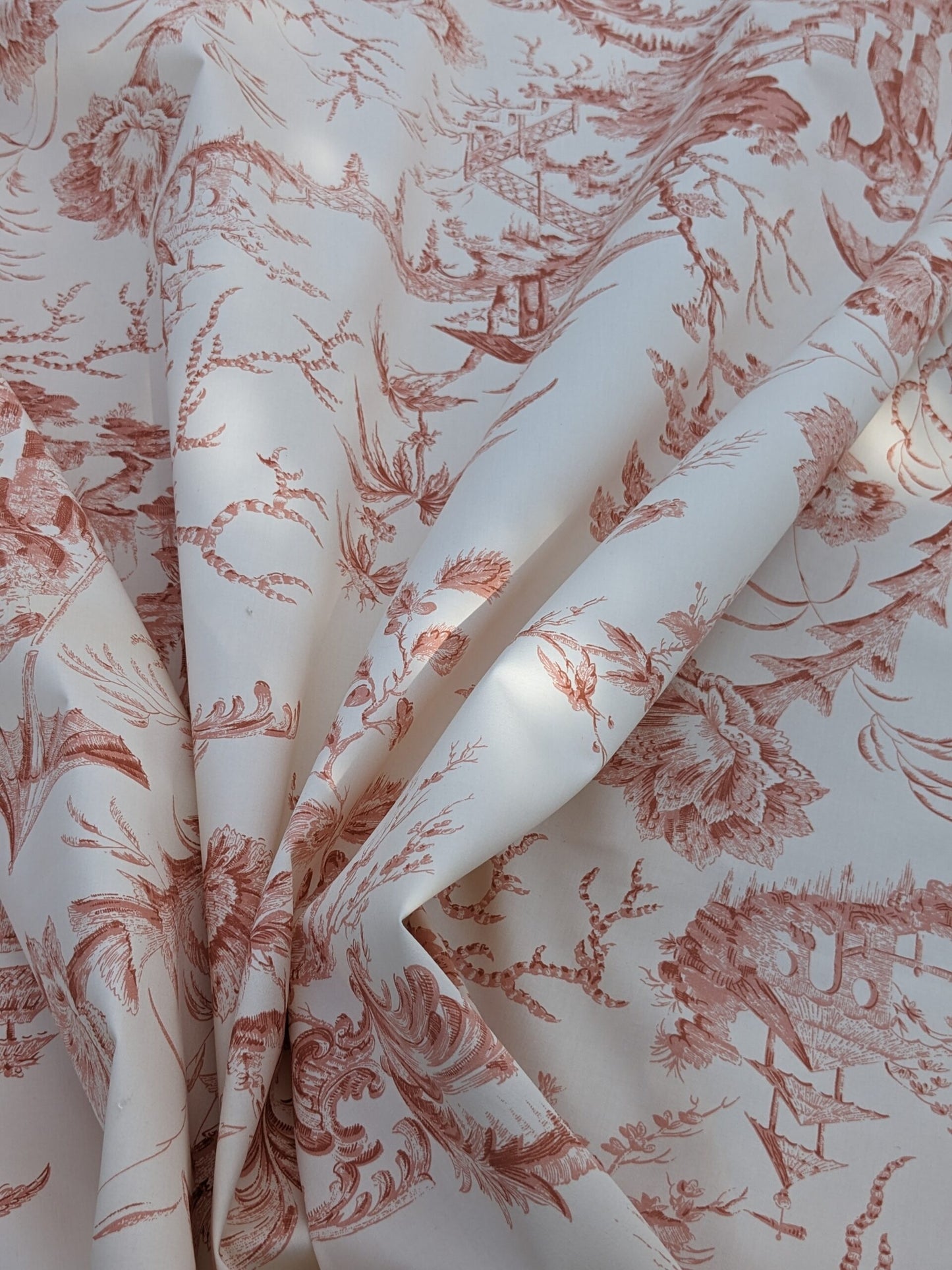 Scalamandre  Pillement in Coral Chinoiserie Toile Print Cotton Pink Red White Landscape Pagoda Jean-Baptiste Pillement MSRP USD 300+/y