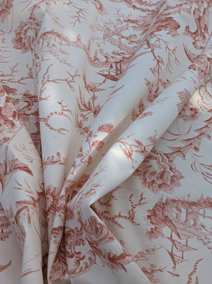 Scalamandre  Pillement in Coral Chinoiserie Toile Print Cotton Pink Red White Landscape Pagoda Jean-Baptiste Pillement MSRP USD 300+/y