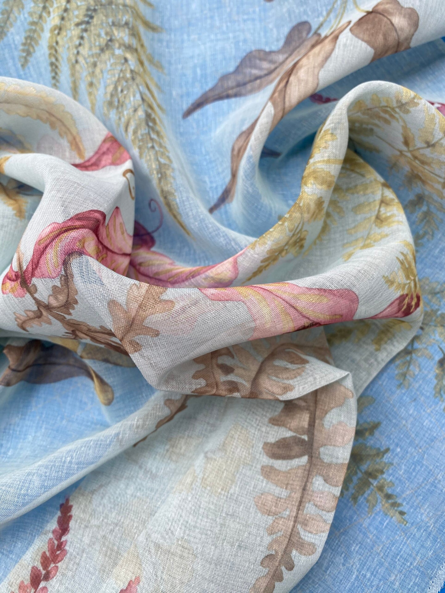 34 Berkbox77 Square Printed Fabrics by Old World Weavers Woodbury Sheer Aqua Berry Blue Gray Floral Print  Sheer MSRP USD 100/y