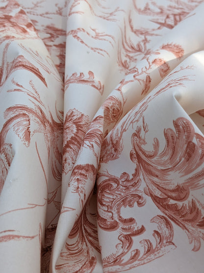 Scalamandre  Pillement in Coral Chinoiserie Toile Print Cotton Pink Red White Landscape Pagoda Jean-Baptiste Pillement MSRP USD 300+/y