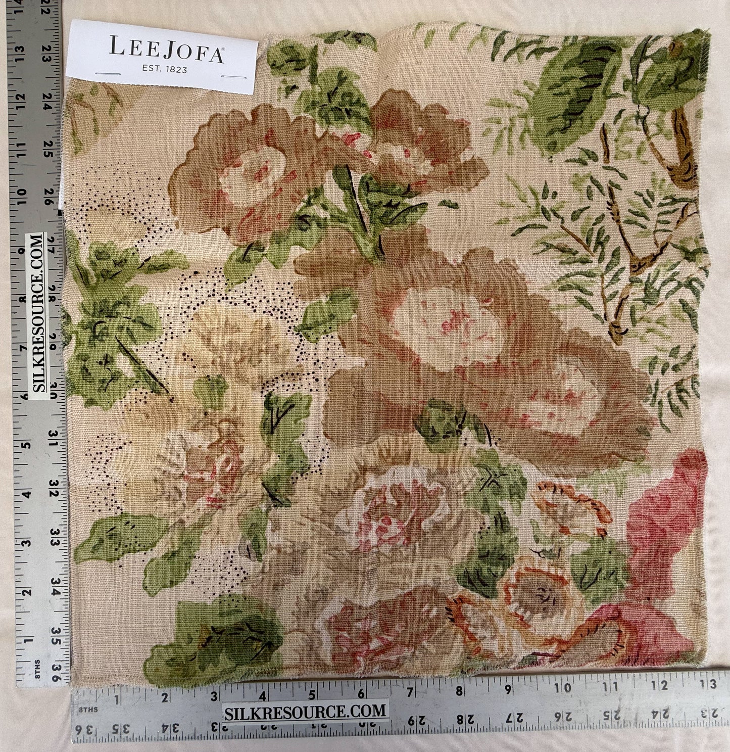 Lee Jofa Hollyhock HDB Coral Apple Red Pink Green Linen Print Floral Botanical MSRP USD796/y Special Order