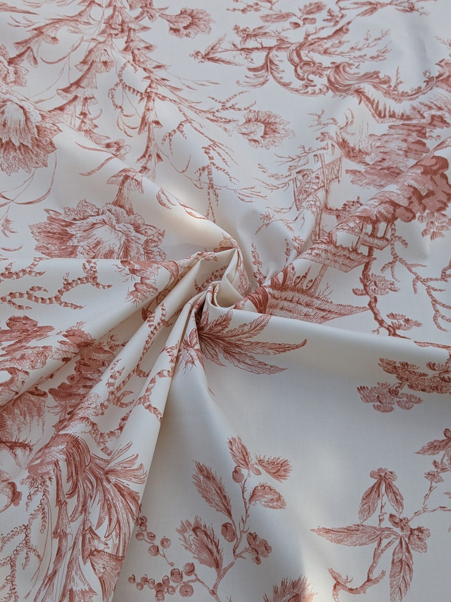 Scalamandre  Pillement in Coral Chinoiserie Toile Print Cotton Pink Red White Landscape Pagoda Jean-Baptiste Pillement MSRP USD 300+/y