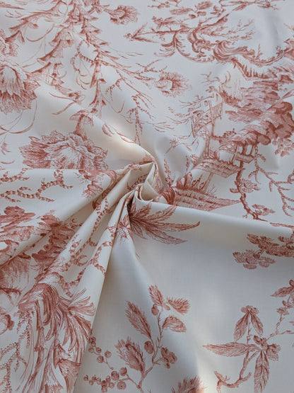 Scalamandre  Pillement in Coral Chinoiserie Toile Print Cotton Pink Red White Landscape Pagoda Jean-Baptiste Pillement MSRP USD 300+/y