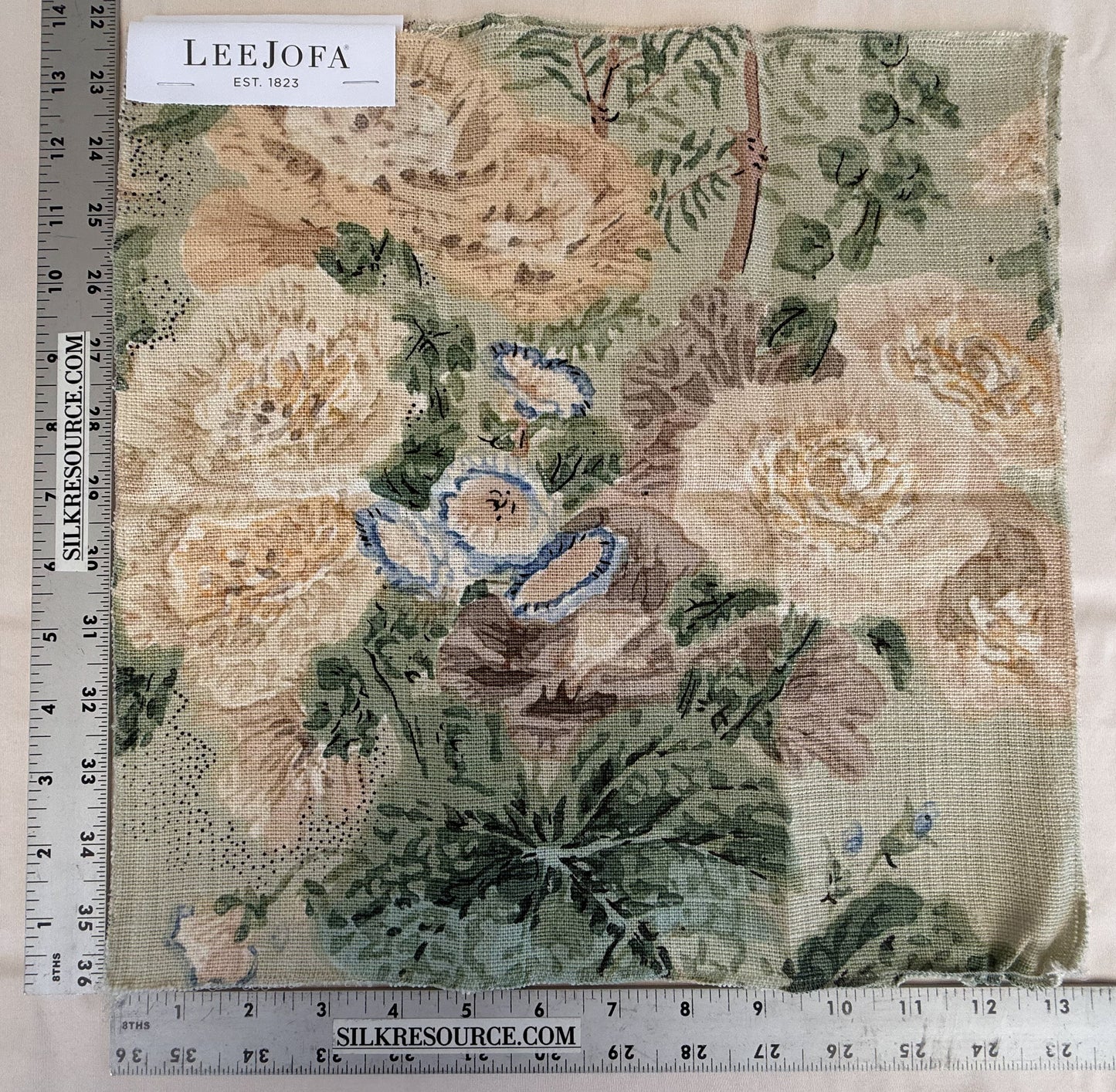 Lee Jofa Hollyhock HB Celadon Green Linen Print Floral Botanical MSRP USD750/y Special Order