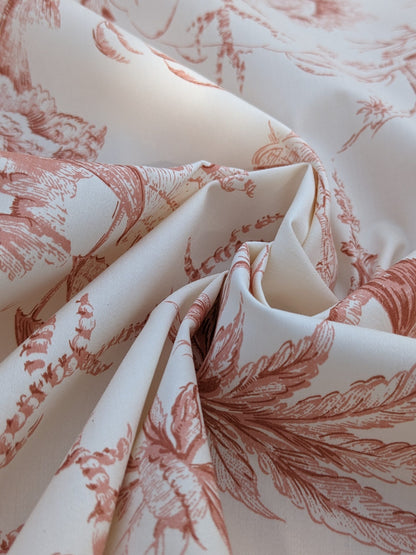 Scalamandre  Pillement in Coral Chinoiserie Toile Print Cotton Pink Red White Landscape Pagoda Jean-Baptiste Pillement MSRP USD 300+/y