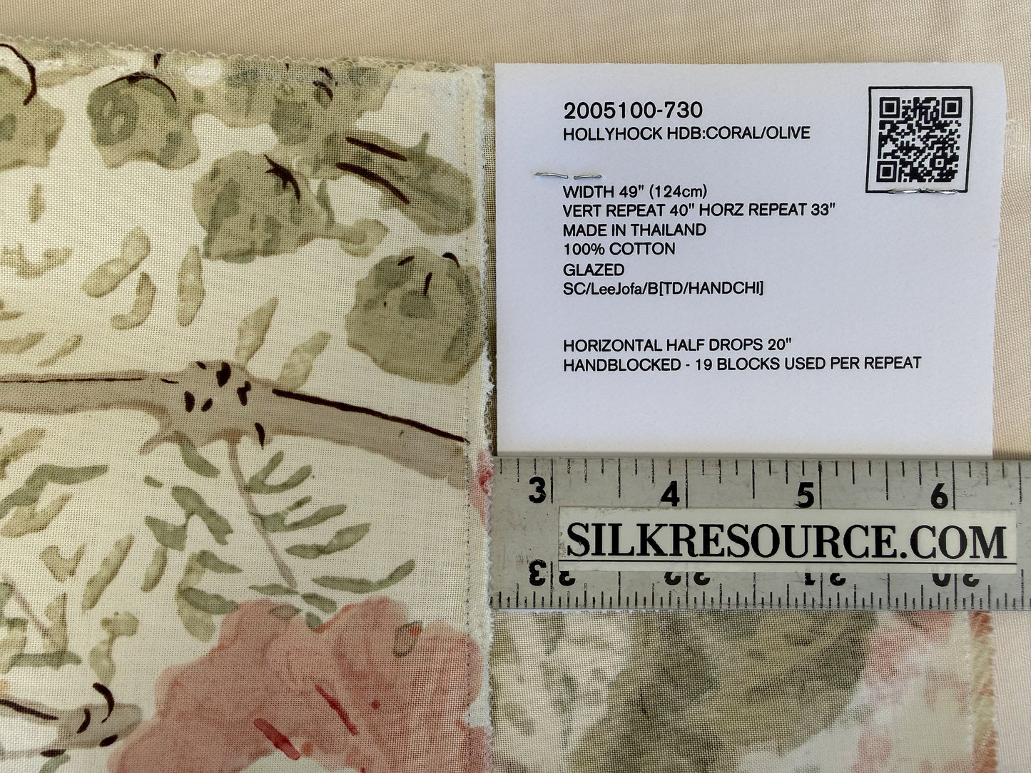 Lee Jofa Hollyhock HDB Coral Olive Cotton Floral Botanical MSRP USD796/y Special Order