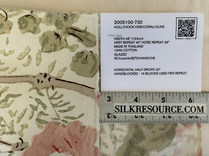 Lee Jofa Hollyhock HDB Coral Olive Cotton Floral Botanical MSRP USD796/y Special Order