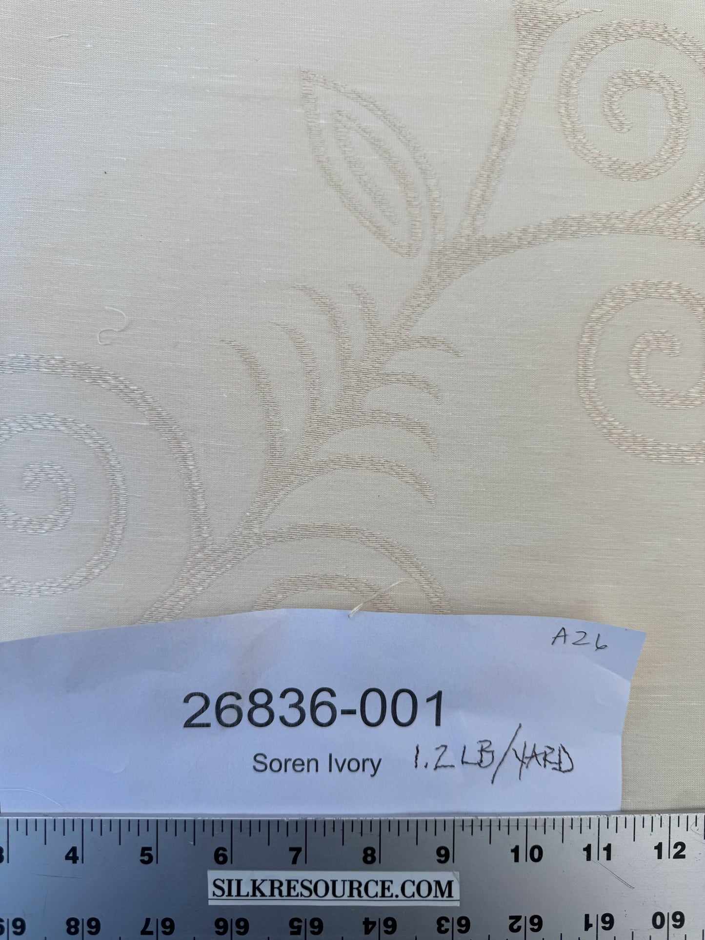 By Yard Scalamandre Soren Ivory White Modern Scandinavian Crewel Foliage Vine Linen MSRP USD 312/Y