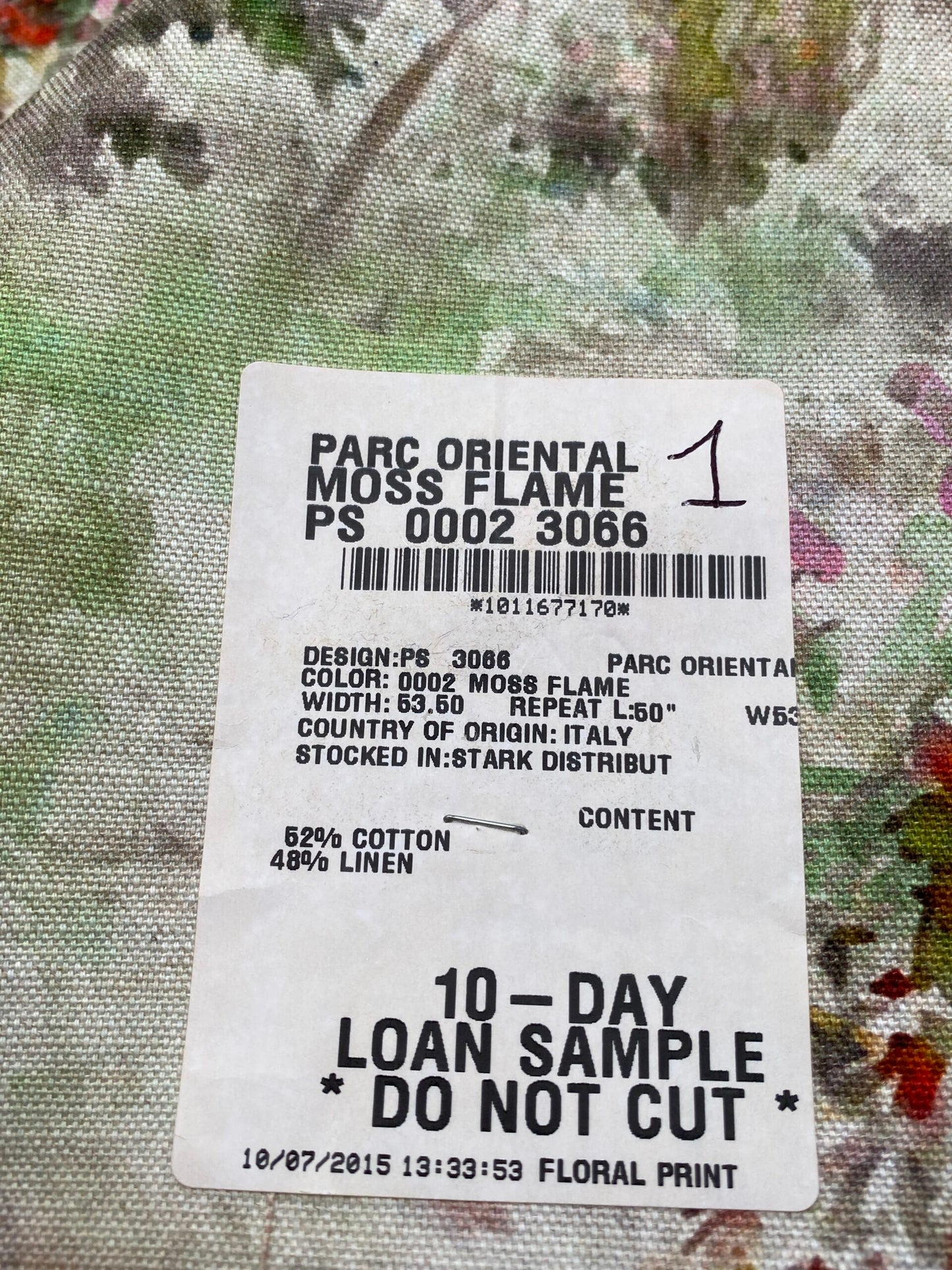 42 Berkbox77 Square Printed Fabrics by Old World Weavers Parc Oriental Moss Flame French Impressionist 1.2yd x 26" MSRP USD 318/Y