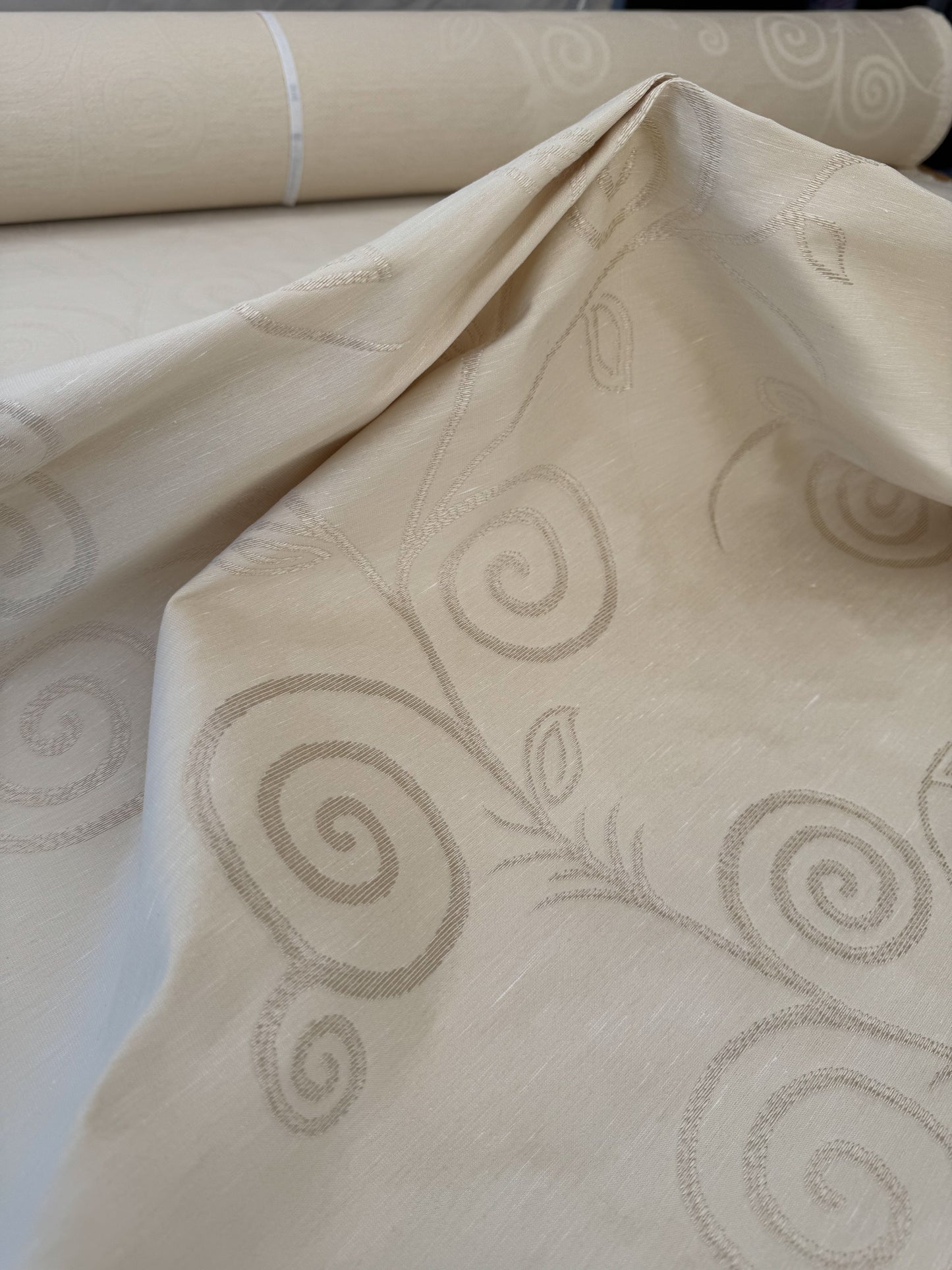 By Yard Scalamandre Soren Ivory White Modern Scandinavian Crewel Foliage Vine Linen MSRP USD 312/Y