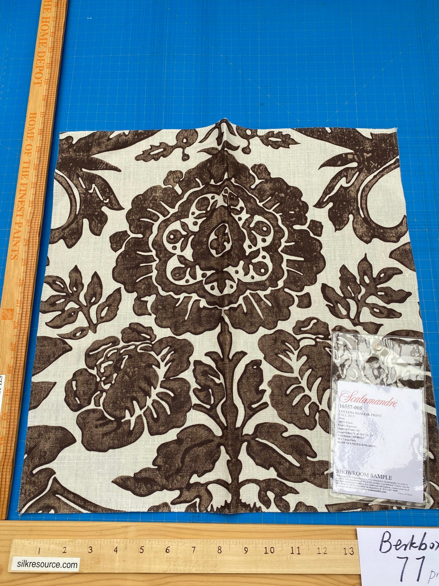 49 Berkbox77 Square Printed Fabrics by Scalamandre Luciana Damask Print Linen Espresso Brown White MSRP USD 346/yard