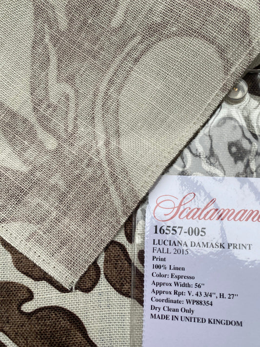 49 Berkbox77 Square Printed Fabrics by Scalamandre Luciana Damask Print Linen Espresso Brown White MSRP USD 346/yard