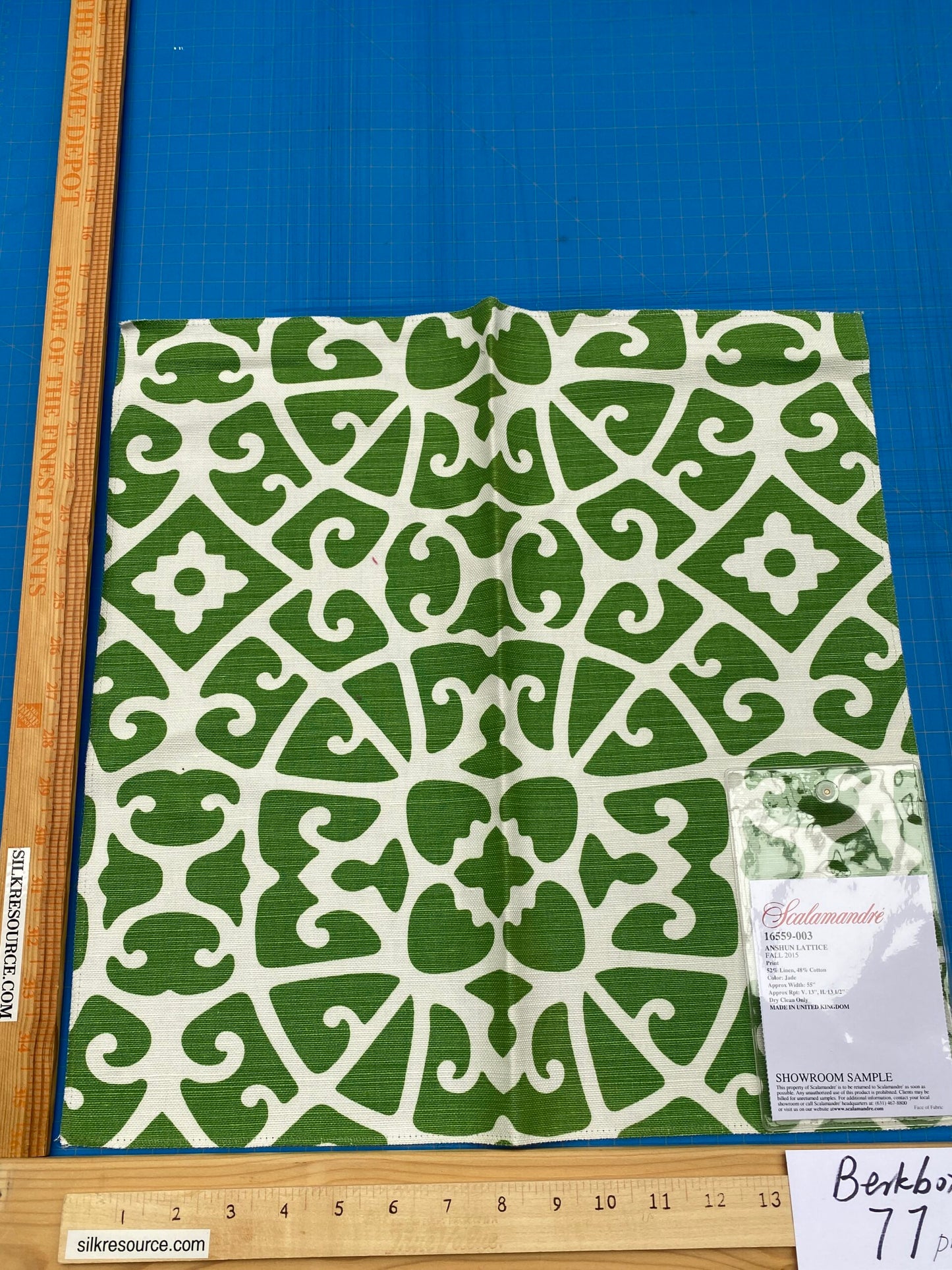 51 Berkbox77 Square Printed Fabrics by Scalamandre Anshun Lattice Jade Linen Green White MSRP USD 370/yard