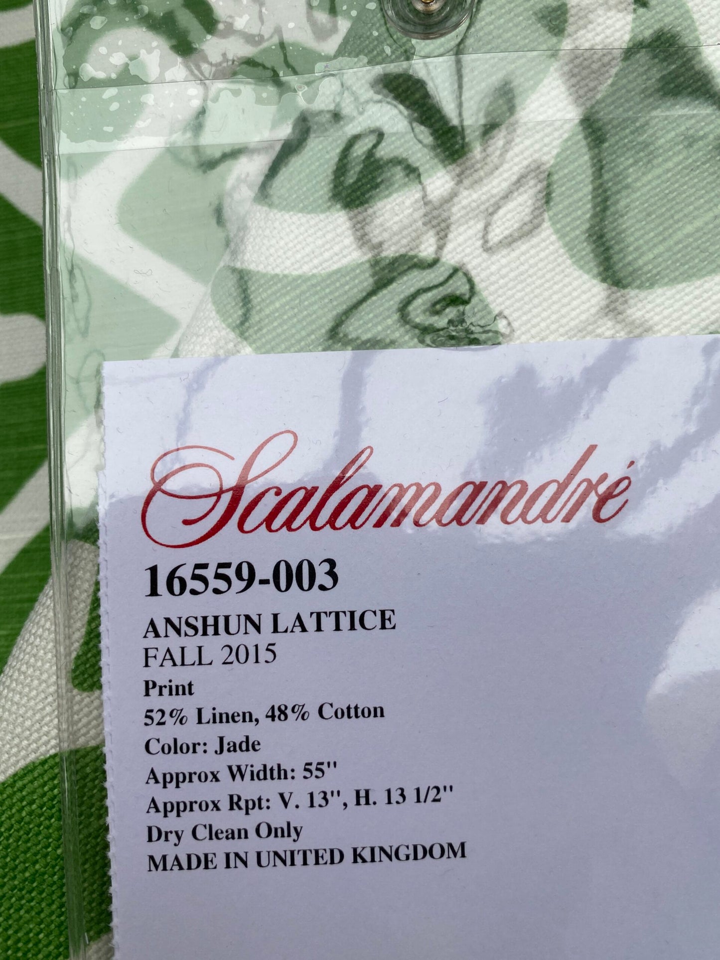 51 Berkbox77 Square Printed Fabrics by Scalamandre Anshun Lattice Jade Linen Green White MSRP USD 370/yard