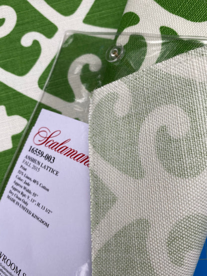 51 Berkbox77 Square Printed Fabrics by Scalamandre Anshun Lattice Jade Linen Green White MSRP USD 370/yard